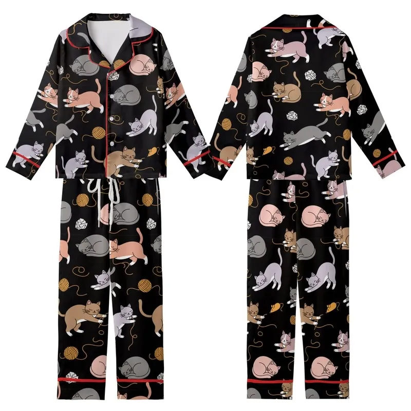 Cat Lovers' Whimsical Black Playful Hand-Drawn Cartoon Cats Seamless Pattern with Muted Greys Pink Lavender & Orange Accents Kid Satin Pajamas Set - 1
