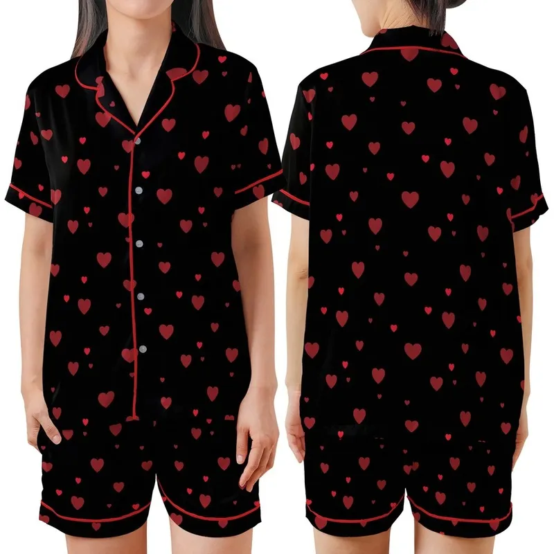 Women's Solid Black Minimalist Muted & Cherry Red Scattered Hearts Long Sleeve Cotton-Blend Sleep Set Satin Short-Sleeve Pajamas Set - 1