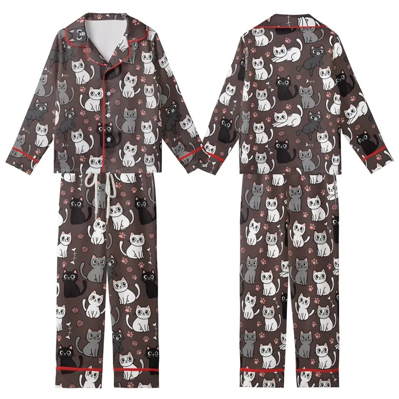 Cat Lovers' Playful Cartoon Cat All-Over Pattern with White, Grey, Black, Pink on Chocolate Brown Kid Satin Pajamas Set - 1