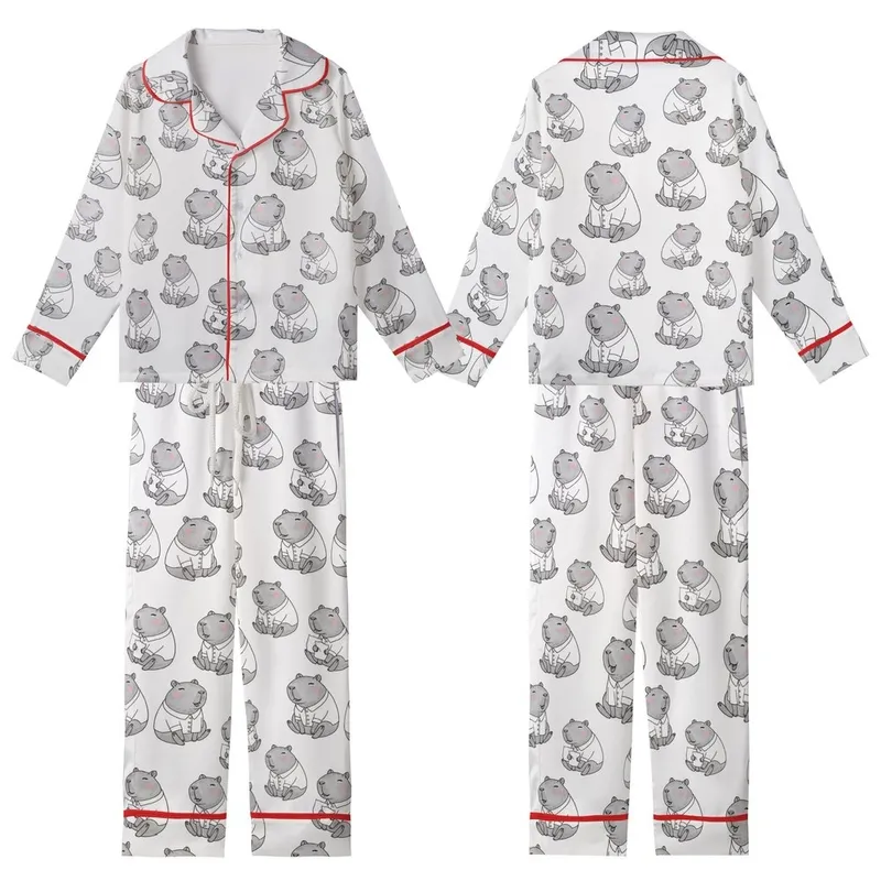Women's Kawaii Capybara Sleep Set: Greyscale Blush Pink Imitation Silk Pajama Set Kid Satin Pajamas Set - 1