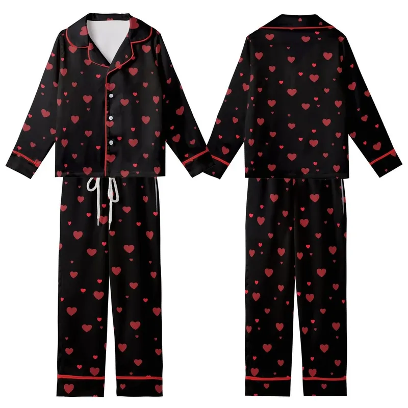 Women's Solid Black Minimalist Muted & Cherry Red Scattered Hearts Long Sleeve Cotton-Blend Sleep Set Kid Satin Pajamas Set - 1