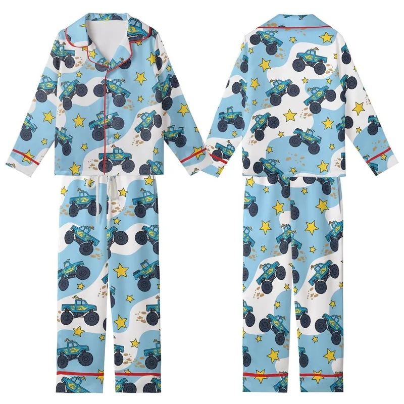 Youthful Blue Monster Truck Action Print: Yellow Flames, Mud Splatters & Star Design Kid Satin Pajamas Set - 1