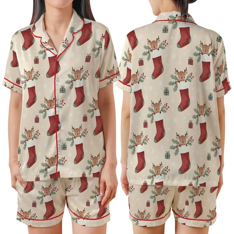 Festive Whimsy: Baby Reindeer Stocking Watercolor Christmas Design Satin Short-Sleeve Pajamas Set - 1