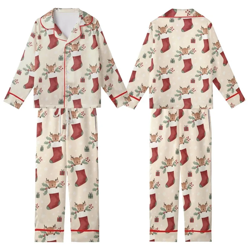 Festive Whimsy: Baby Reindeer Stocking Watercolor Christmas Design Kid Satin Pajamas Set - 1