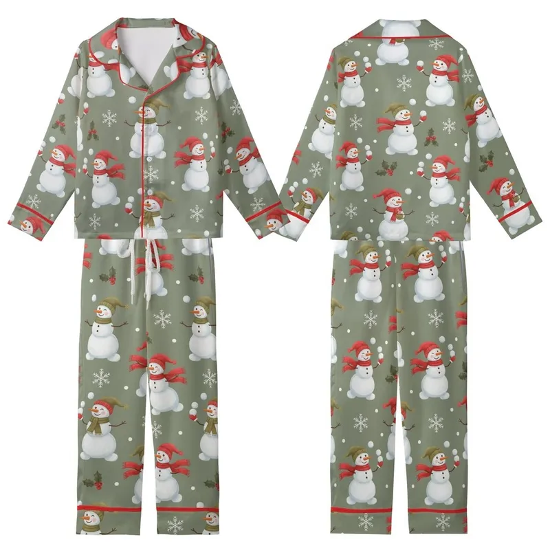 Women's Whimsical Snowman & Holly Pajamas: Muted Olive Winter Sleep Set Kid Satin Pajamas Set - 1