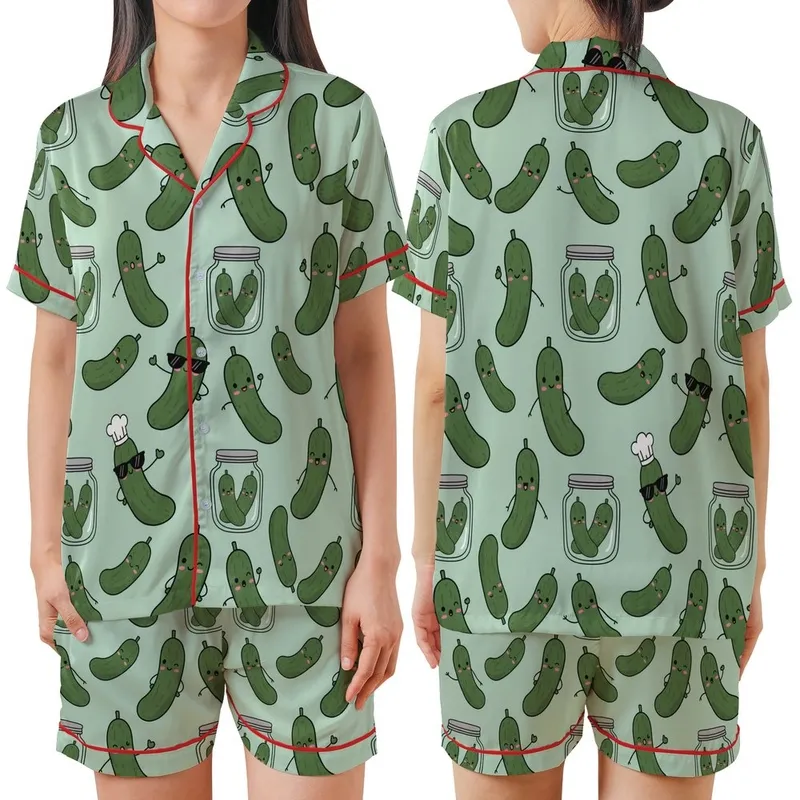 Pickle Lover's Whimsy: Hand-Drawn Smiling Chef Pickles & Jars Seamless Design Satin Short-Sleeve Pajamas Set - 1