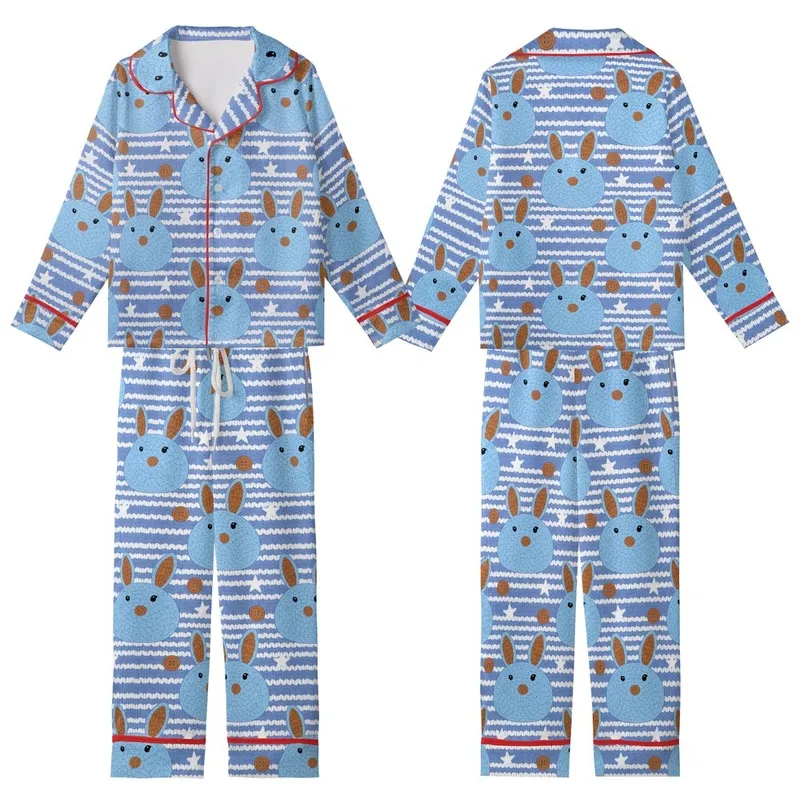 Cozy Bunny Dreams: Whimsical Crocheted Bunny & Knit Texture Blue Pattern Pajamas Kid Satin Pajamas Set - 1