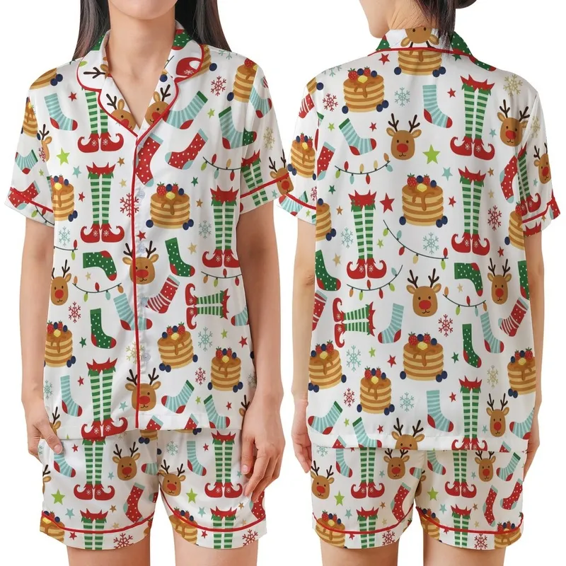 Kids' Whimsical Birthday Pajamas: Pancakes, Elf, Reindeer, Snowflake Sleep Set Satin Short-Sleeve Pajamas Set - 1