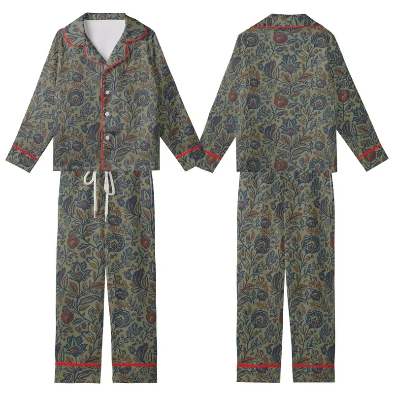 Women's Olive Green Indigo Botanical Pure Cotton Pajamas Set: Floral Block Print Loungewear Kid Satin Pajamas Set - 1