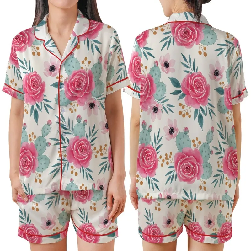 Women's Bridesmaid Rayon Pajamas: Watercolor Fuchsia Rose & Teal Cactus Floral Satin Short-Sleeve Pajamas Set - 1