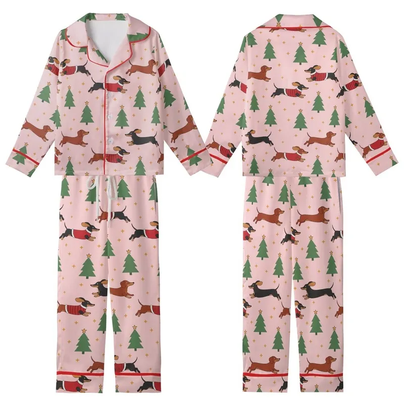 Family Dachshund Christmas Pajamas: Playful Dog & Star Pastel Pink Print - Soft Knit Sleep Set Kid Satin Pajamas Set - 1