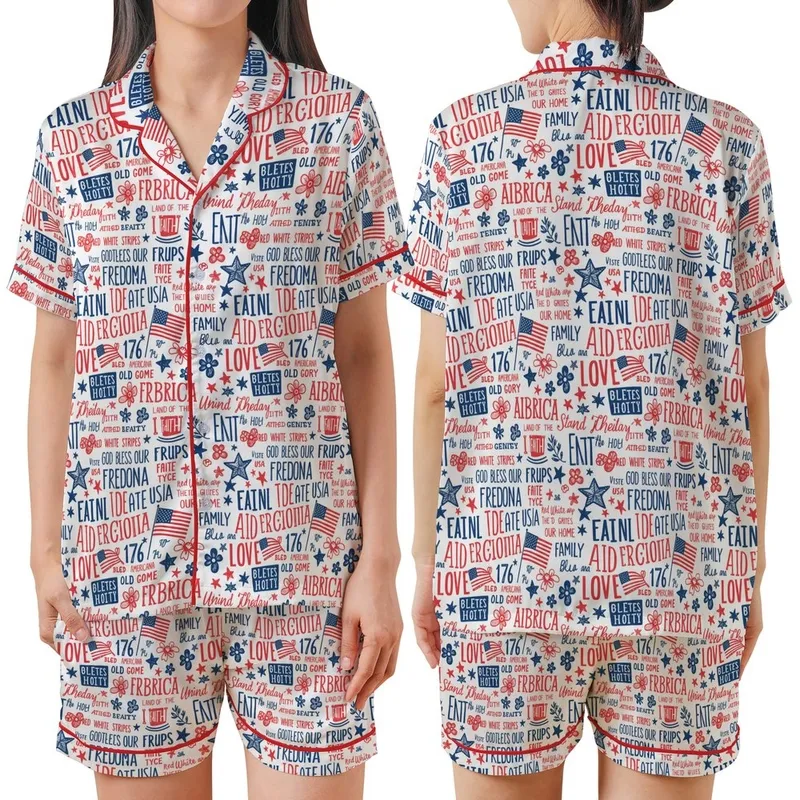 Women's Red White Blue Vintage Americana Liberty Collage Polyester Spandex Sleepwear Satin Short-Sleeve Pajamas Set - 1