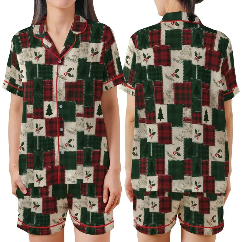 Family Retro Christmas Loungewear: Quilted Tartan Plaid Patchwork, Holly Tree & Snowflake Design Satin Short-Sleeve Pajamas Set - 1