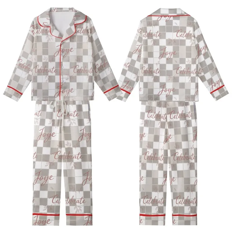 Women's Personalized Sleep Set: Taupe Gingham 'Love Joy Celebrate' Script Lounge Wear Kid Satin Pajamas Set - 1