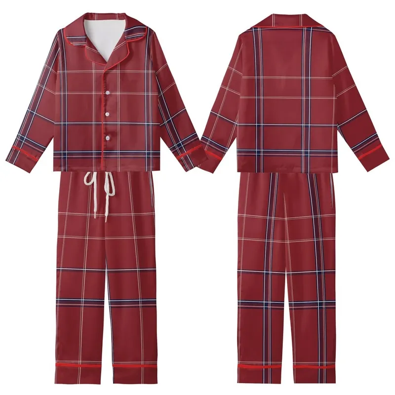 Women's Deep Crimson Tartan Plaid Flannel Sleepwear Set: Navy & White Pattern Kid Satin Pajamas Set - 1
