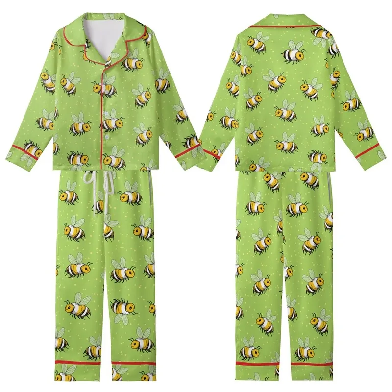 Women's Luxury Faux Silk Pajama Set: Whimsical Bee Print & Chartreuse Green Loungewear Kid Satin Pajamas Set - 1