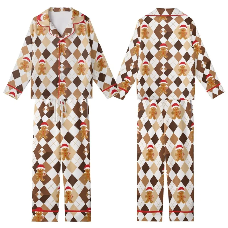 Gingerbread Family Holiday: Brown Argyle Candy Cane Pattern - Soft Long Sleeve Sleep Set Kid Satin Pajamas Set - 1