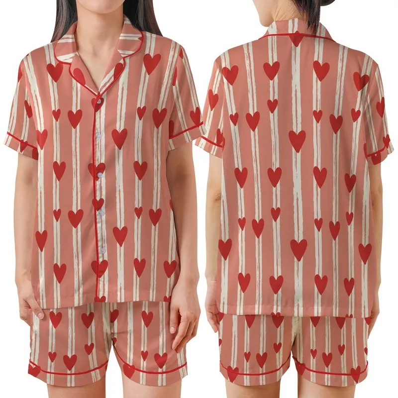 Bridesmaid Muted Salmon Pink Hand Block Print Rustic Stripe Heart Cotton Pajama Set Satin Short-Sleeve Pajamas Set - 1
