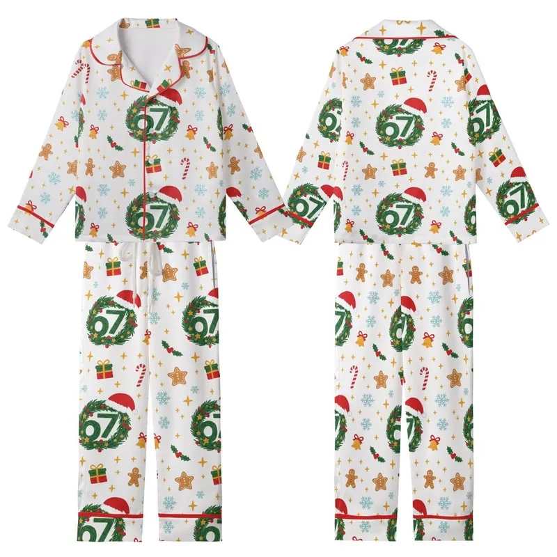 Holiday '67' Wreath Pajama Pants: Festive Snowflake, Gingerbread & Candy Cane Sleepwear Kid Satin Pajamas Set - 1