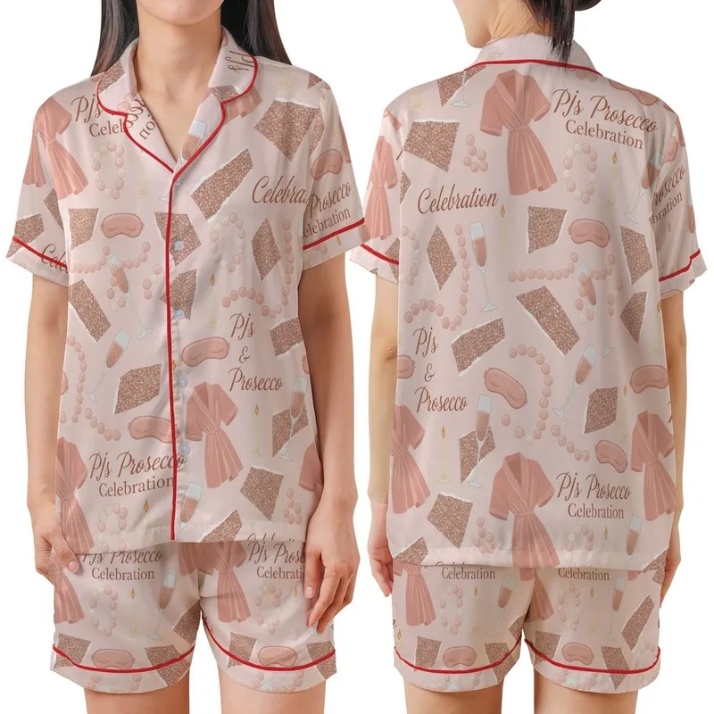 Women's PJs & Prosecco Celebration Pajamas: Rose Gold Glitter, Pearl & Champagne Sleep Set Satin Short-Sleeve Pajamas Set - 1
