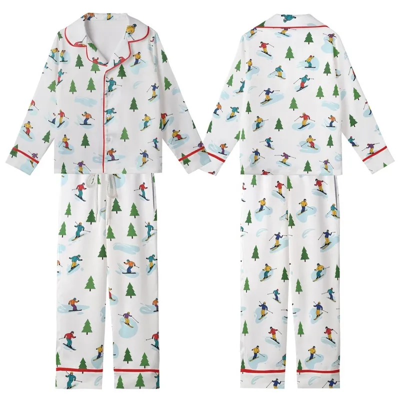 Winter Sports Enthusiast Playful Cartoon Ski & Snowboard Action Scene with Vibrant Yellow Red Blue Figures & Green Trees Kid Satin Pajamas Set - 1