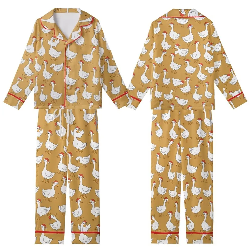 Women's Funny White Geese Christmas Pajama Set with Santa Hats Kid Satin Pajamas Set - 1