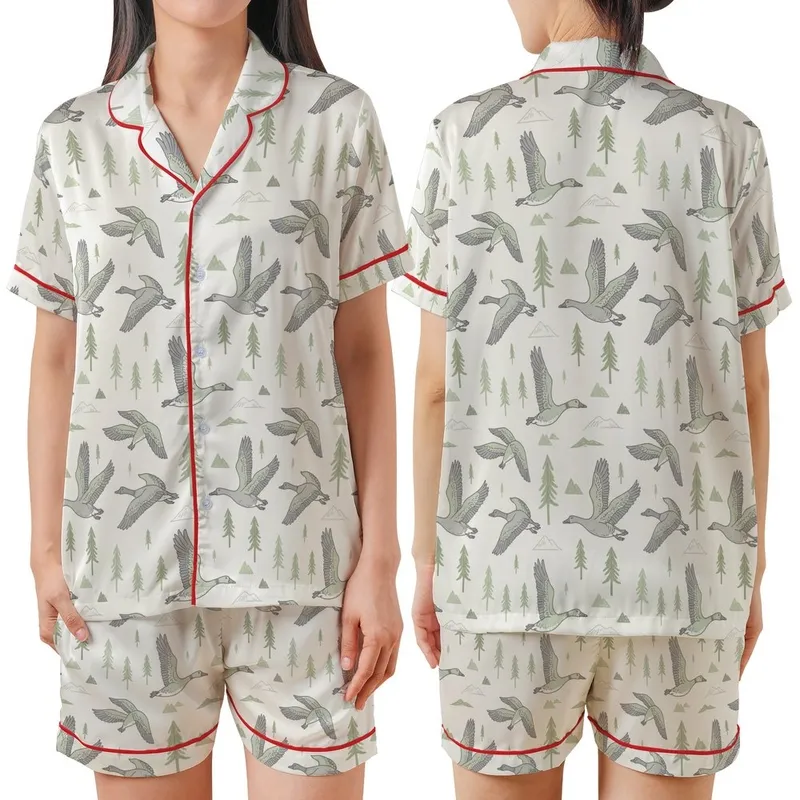 Wildlife Lover's Vintage Flying Geese Pajamas: Muted Pine Mountain Cream Pattern - Polyester Sleepwear Satin Short-Sleeve Pajamas Set - 1