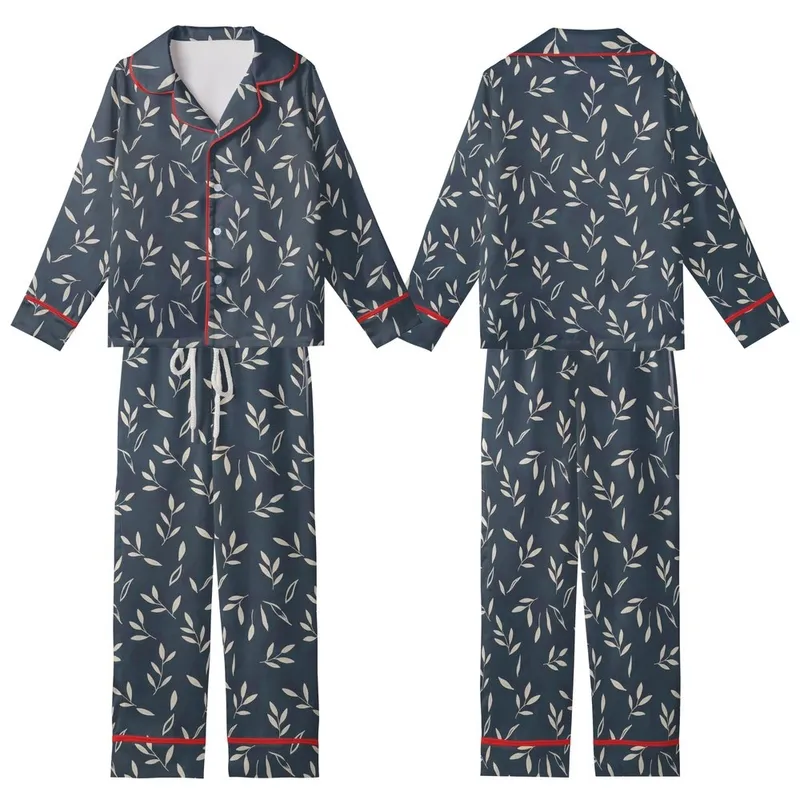 Juliette Women's French Linen Pajamas: Charcoal Blue Organic Leaf Sleep Set Kid Satin Pajamas Set - 1