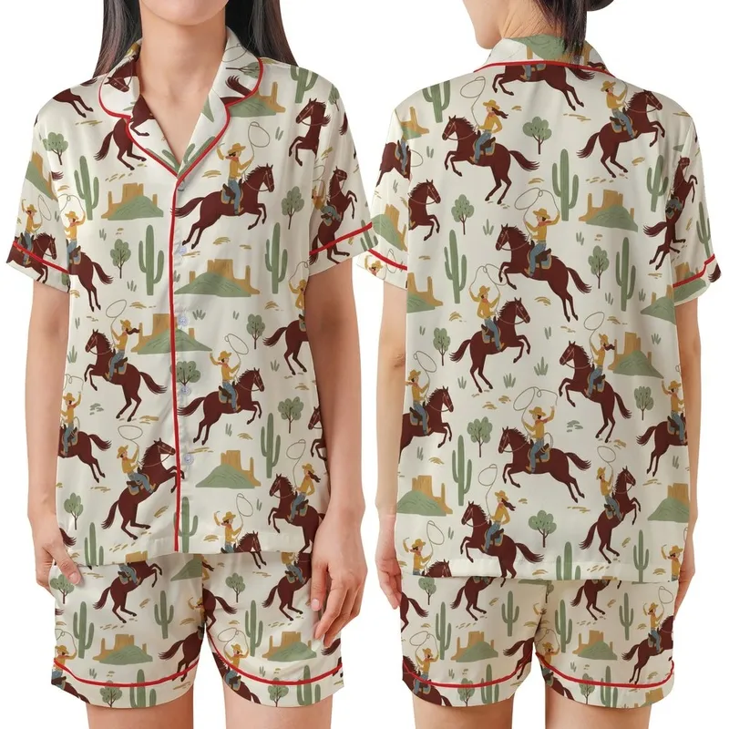 Vintage Art Lovers' Hand-Drawn Western Cowboy Cowgirl Galloping Desert Scene Cream Off-White Satin Short-Sleeve Pajamas Set - 1