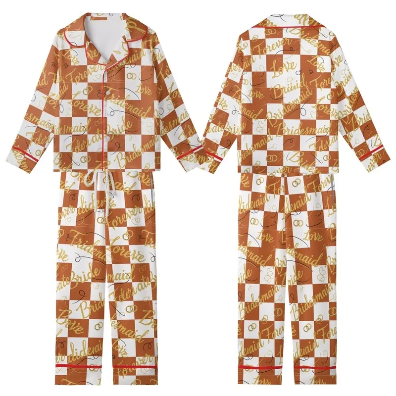 Bride Bridesmaid Personalized Satin Pajamas: Gold Script Rust Orange White Sleep Set Kid Satin Pajamas Set - 1