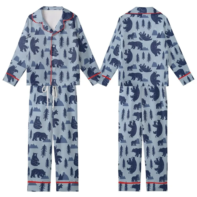 Wilderness Explorer's Stylized Navy Bear & Pine Pattern - Dusty Blue Wearable Art Kid Satin Pajamas Set - WRVftN8hQF