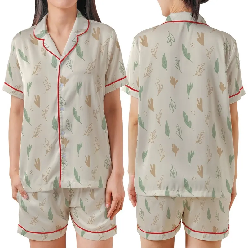 Women's OEKO-TEX Linen Pajamas Set: Minimalist Botanical Leaf Print - Relaxed Tank & Pants Satin Short-Sleeve Pajamas Set - YyEEnumtGd