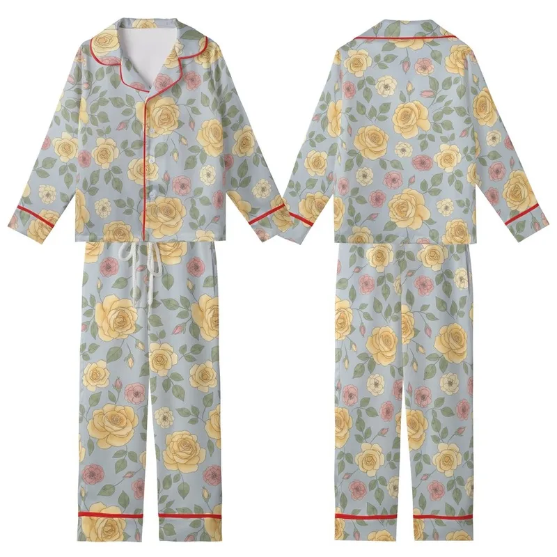 Elegant Floral Pattern: Watercolor Roses, Soft Yellow Pink Blooms, Sage Green Leaves, Dusty Blue Kid Satin Pajamas Set - qsZUrVfAZc