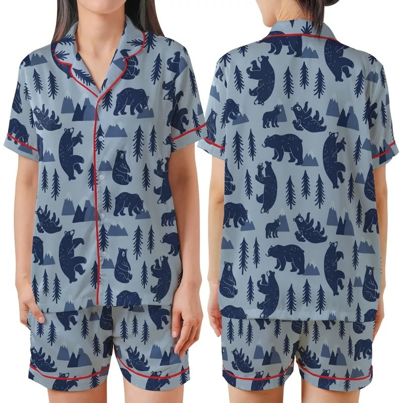Wilderness Explorer's Stylized Navy Bear & Pine Pattern - Dusty Blue Wearable Art Satin Short-Sleeve Pajamas Set - DEsmMoJSVY