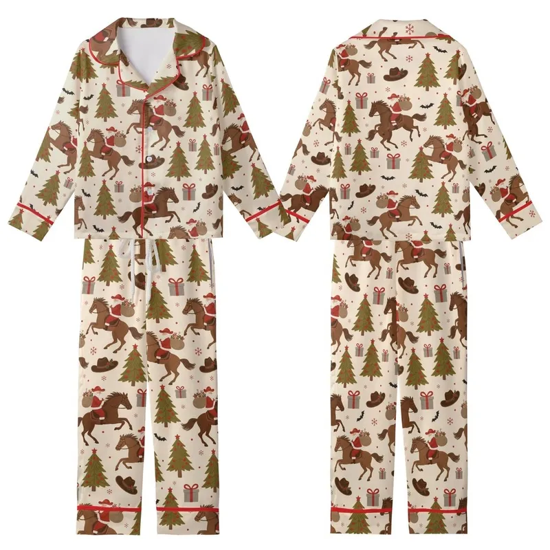 Western Holiday Enthusiast: Rustic Santa Cowboy Horse & Bat Seamless Graphic Print Kid Satin Pajamas Set - bsqc6p3fHA