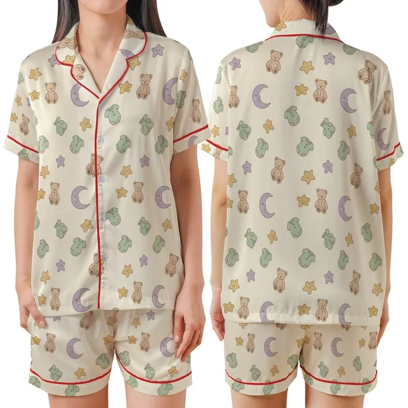 Cozy Nursery Pattern: Minimalist Moon Star Teddy Romper Print - Cream Lavender Gold Satin Short-Sleeve Pajamas Set - Hge6LOzJ3A