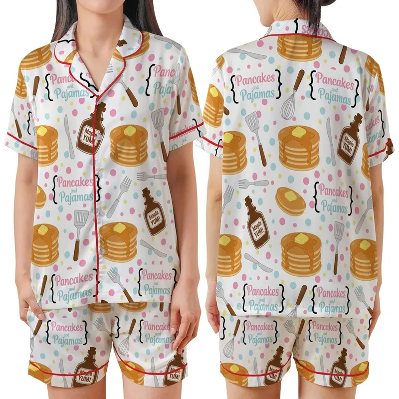 Pancakes & Pyjamas Party Sleepwear: Whimsical Golden Pancake Confetti Pattern Set Satin Short-Sleeve Pajamas Set - hXcHNlypE-