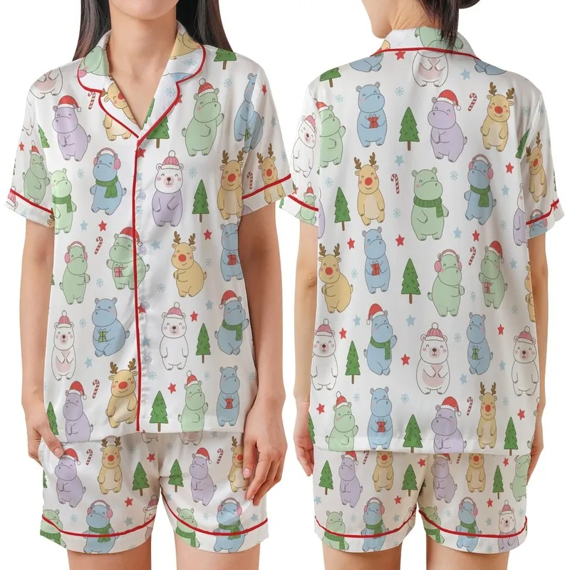 Whimsical Pastel Hippo Pattern: Festive Reindeer & Polar Bear Christmas Art - Unique Wearable Design Satin Short-Sleeve Pajamas Set - 3pNvEdRoEQ