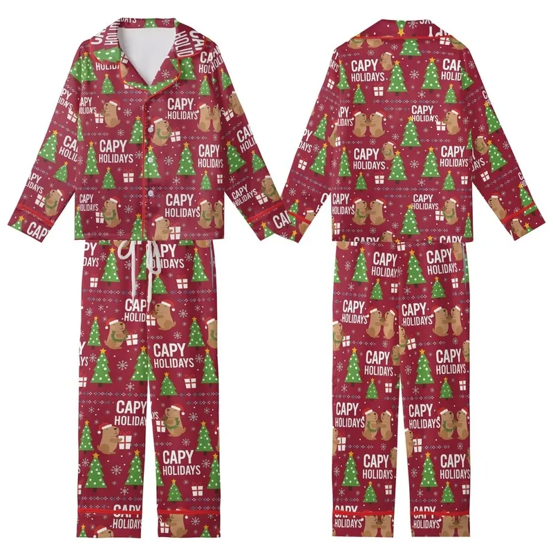 Capybara Christmas Pajamas: Santa Hat Animal & "CAPY HOLIDAYS" Festive Polyester Spandex Sleep Set Kid Satin Pajamas Set - LA9RVtHP6i
