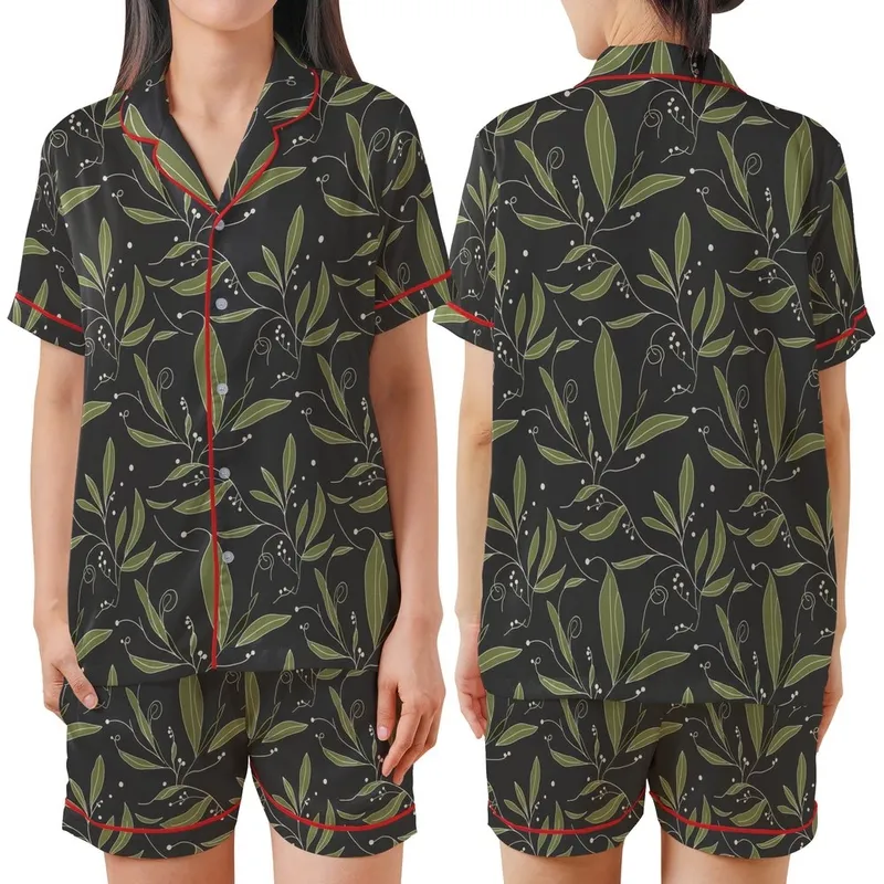 Women's Oeko-Tex Linen Sleep Set: Organic Botanical Pattern, Off Shoulder & Relaxed Fit Satin Short-Sleeve Pajamas Set - 1
