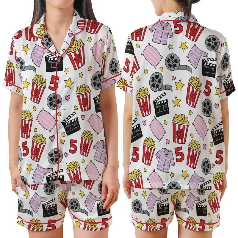 Girls Movie Night Pajamas: Popcorn & PJs Birthday Slumber Set Satin Short-Sleeve Pajamas Set - 1