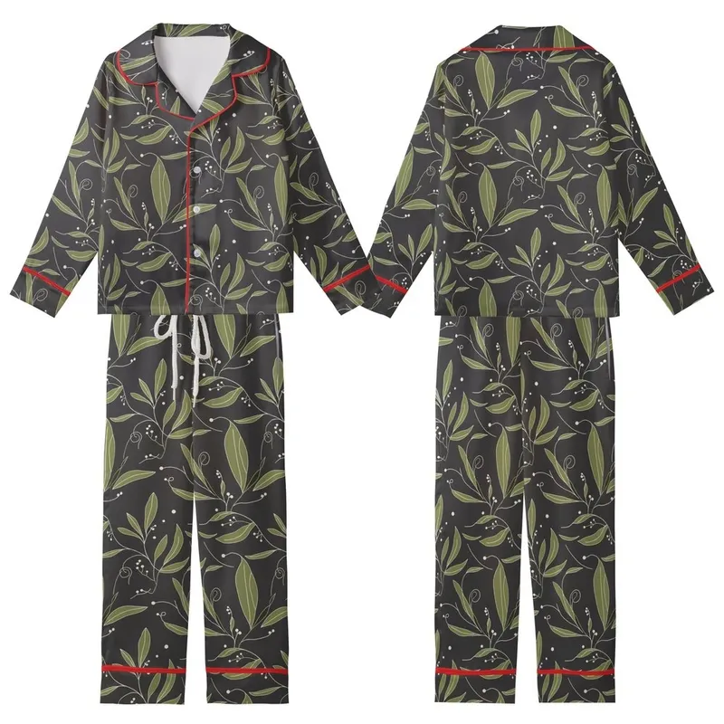 Women's Oeko-Tex Linen Sleep Set: Organic Botanical Pattern, Off Shoulder & Relaxed Fit Kid Satin Pajamas Set - 1