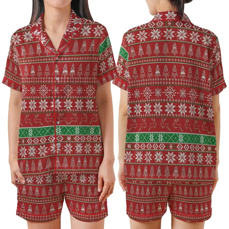 Festive Winter Design: Fair Isle Nordic Reindeer & Snowflake Print - Seamless Holiday Motif Satin Short-Sleeve Pajamas Set - vraF-YKoW4