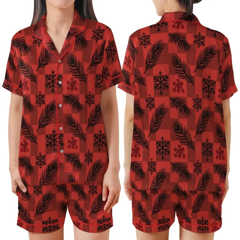 Rustic Lodge Enthusiasts' Bold Red Black Buffalo Plaid Pine Branch Berry Snowflake Flat Graphic Satin Short-Sleeve Pajamas Set - 1