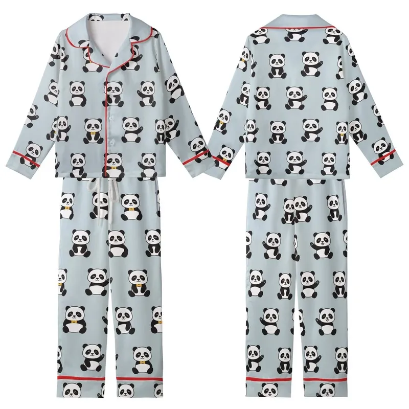 Panda Lovers' Cute Playful Panda Bear Characters Seamless Pattern with Golden Bows on Light Blue-Gray Background Kid Satin Pajamas Set - 5TSH8SyYu8
