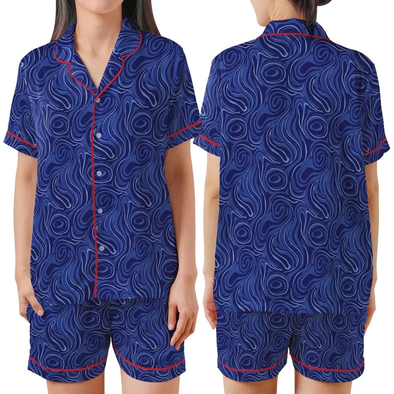 Ladies' Royal Blue Velvet Pajamas: Cobalt Organic Flowing Pattern Long Jacket Set Satin Short-Sleeve Pajamas Set - OSyULe42Lm