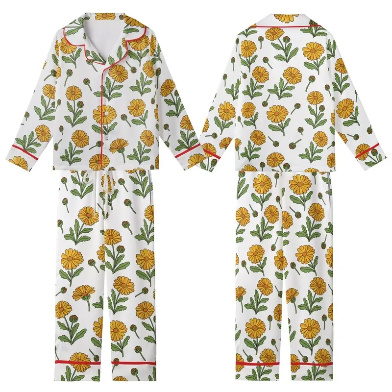 October Celebrants Detailed Marigold Floral Illustration Yellow Orange Green Botanical Print Kid Satin Pajamas Set - 3nSKLpyI6u