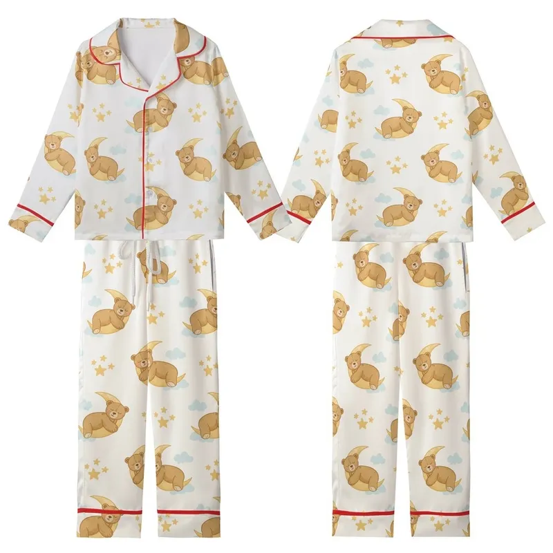 Cozy Dreamers' Creamy Golden Tan Sleeping Teddy Bear Crescent Moon Star Pattern Kid Satin Pajamas Set - 1