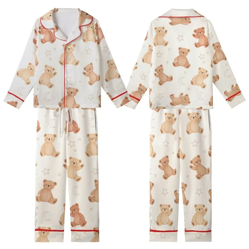 Women's Muslin Crinkle Cotton Sleep Set: Hand-Drawn Teddy Bears, Stars & Moons Kid Satin Pajamas Set - 1