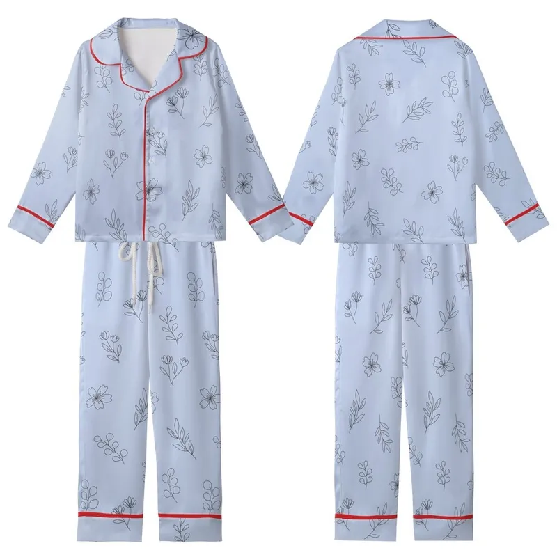 Bridesmaid Delicate Periwinkle Blue Black Single-Line Botanical Art Pattern Kid Satin Pajamas Set - 2O_YvuoPWO